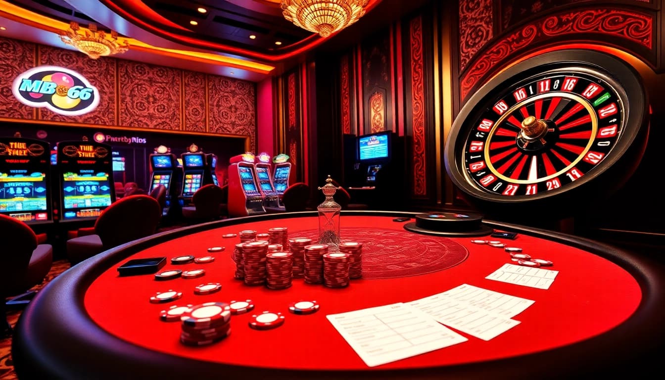Experience thrilling gaming at MB66 Casino with vibrant slot machines and poker tables.