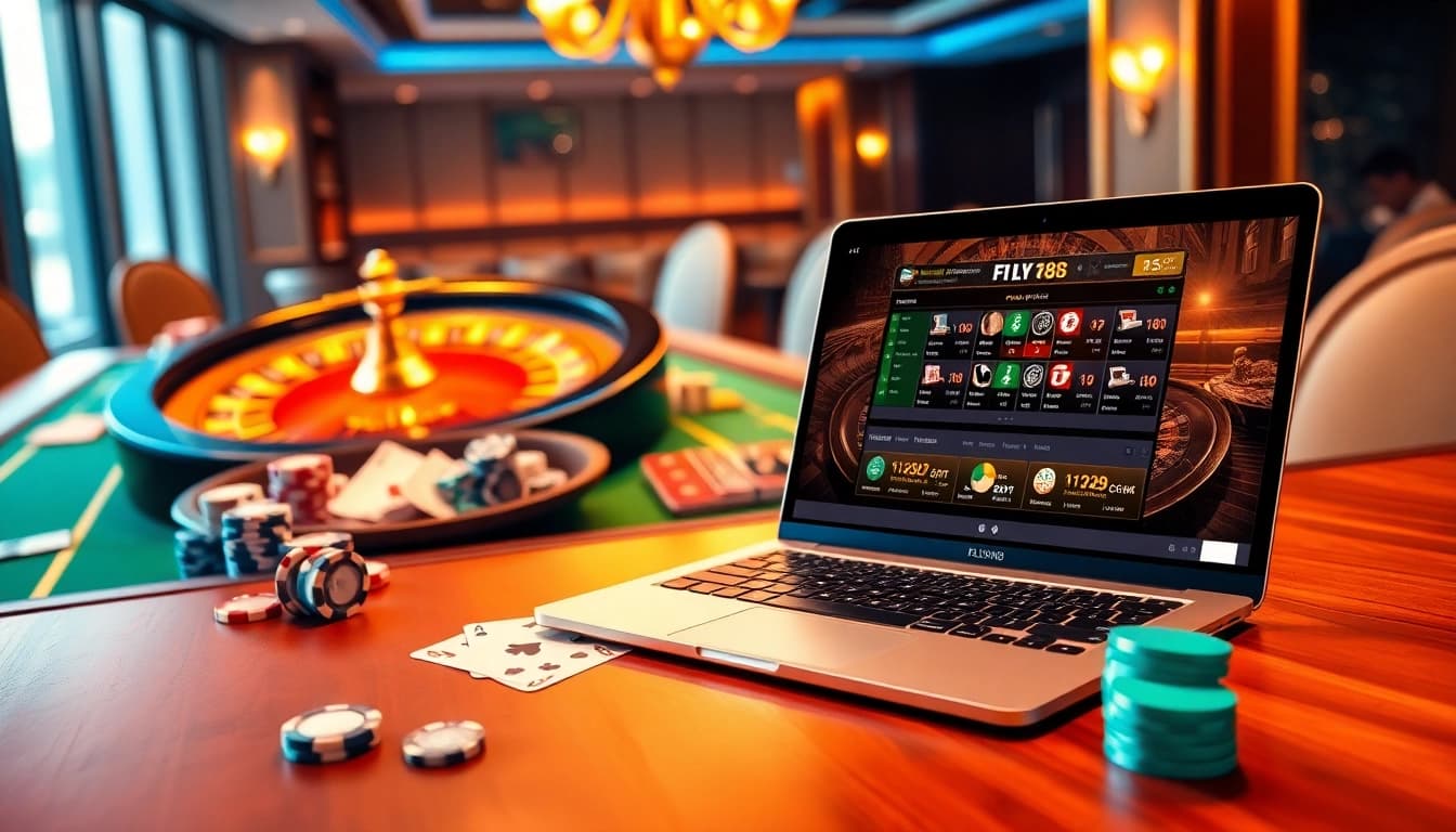 Engaging scene depicting a luxurious gambling setup featuring trang chủ FLY88 online gaming interface with poker elements.