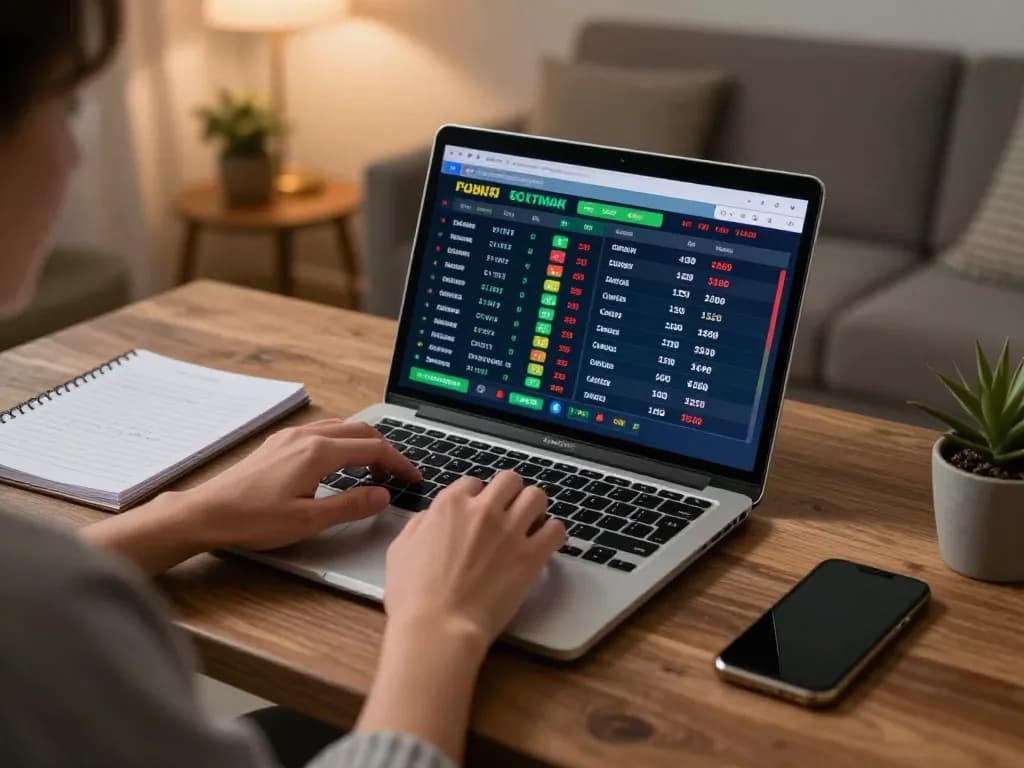 Engaging in strategic sports betting on 888b platform with a laptop and notes.
