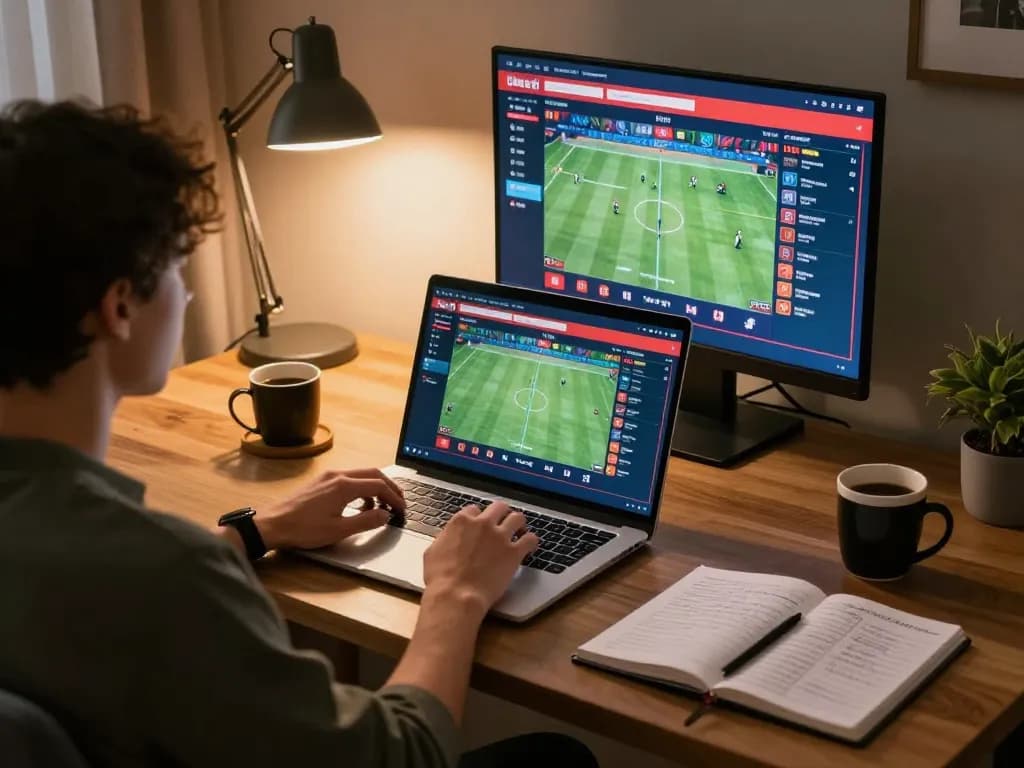 Person engaged in sports betting on laptop at home, highlighting nhà cái onbet experience.