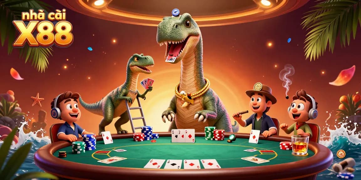 Engage with nhà cái X88 through a vibrant casino scene featuring distinctive characters and gameplay elements.