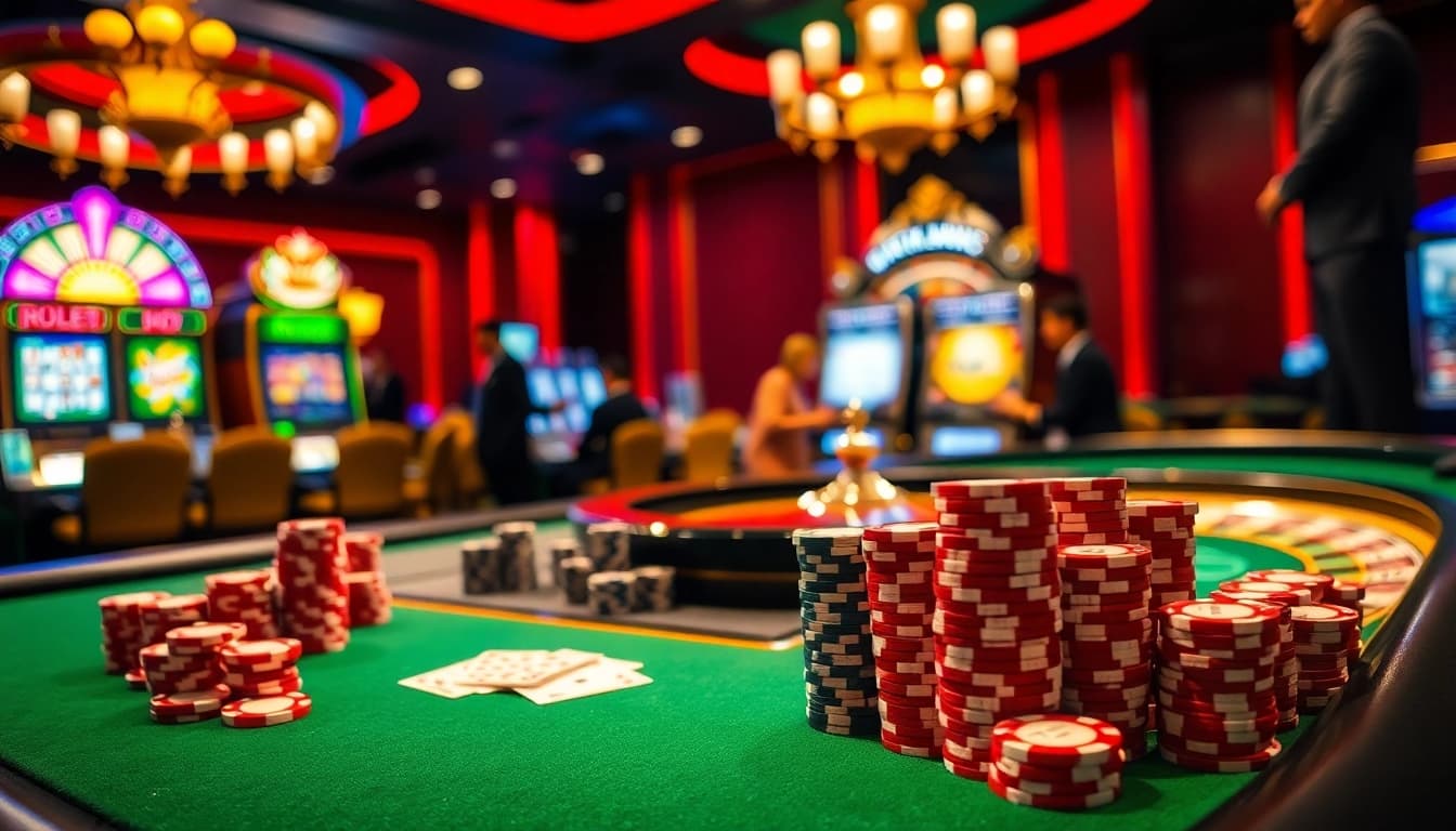 Xem phim as players engage at a vibrant casino table surrounded by roulette and slot machines.