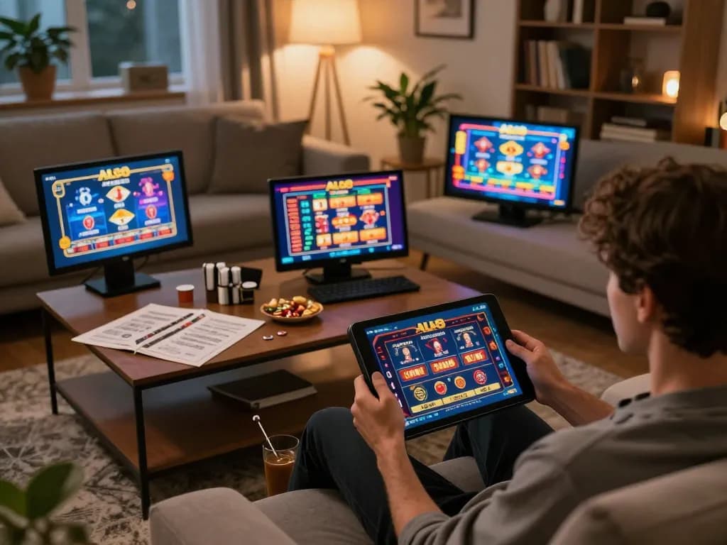 Player using the ALO8 app on tablet in cozy home setting for online gambling session