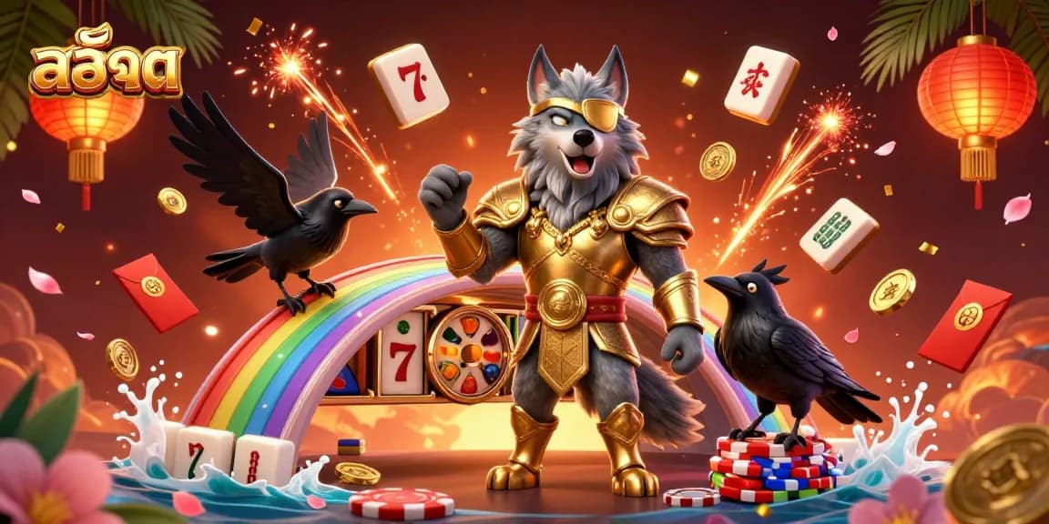 Experience the thrill of สล็อต with vibrant 3D illustration showcasing Norse mythology elements and casino themes.