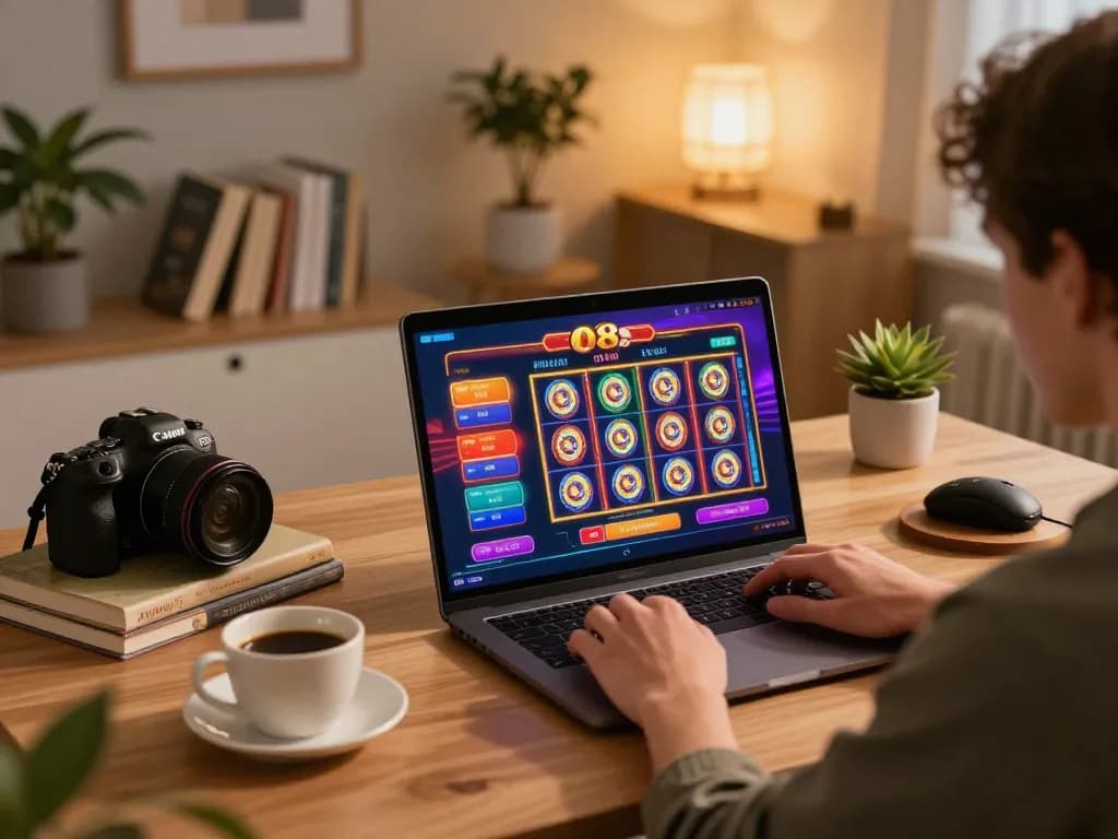Player engaging with O8 casino games on a laptop in a cozy, well-lit home environment.