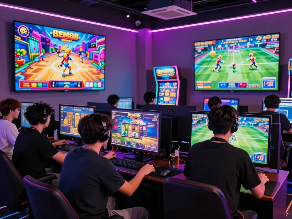 Players enjoying BEM88's diverse gaming offerings, including fish shooting and slots, in a vibrant gaming environment.