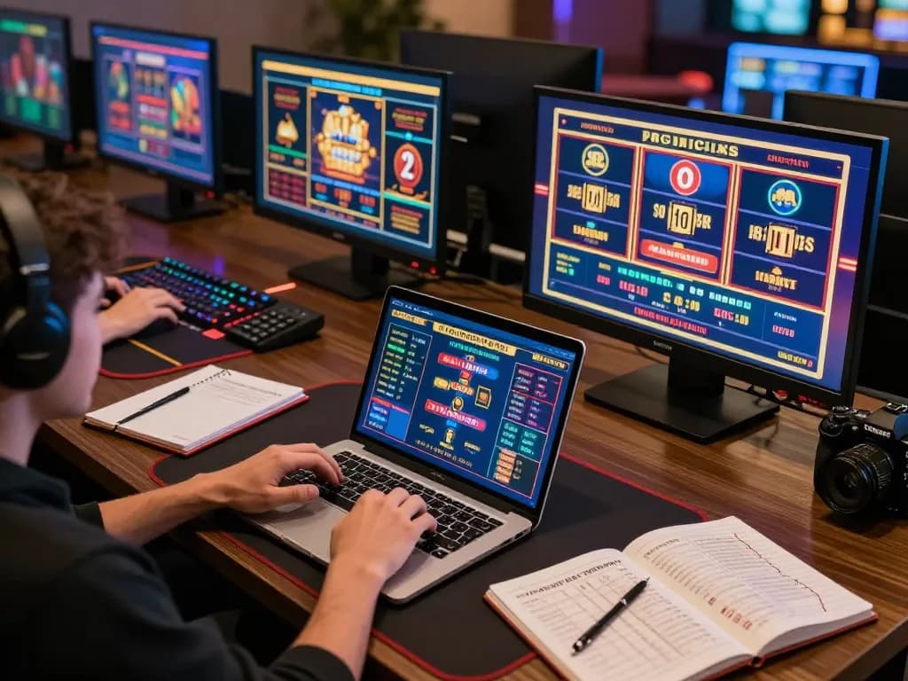 Nohu90 player engaging with multiple casino games on sleek gaming setup, showcasing strategic online gambling.