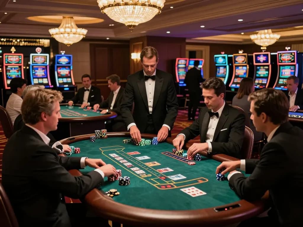 Players engaged at a blackjack table on the trang chủ hm88 casino floor, showcasing excitement and strategy.