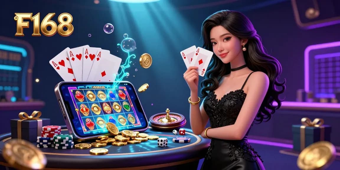 Experience thrilling gaming at F168 with a stylish Asian woman showcasing her poker skills among luxurious casino elements.