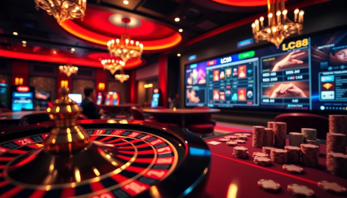 Lively casino scene showcasing LC88 with poker chips and a spinning roulette wheel.