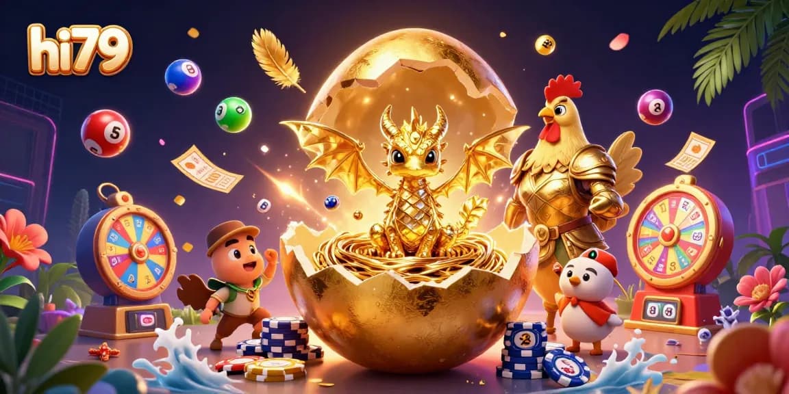Experience thrilling wins with hi79's golden dragon guarding poker chip nest amid vibrant gambling elements.