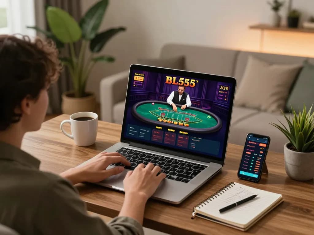Player enjoying an engaging blackjack game on BL555 while using a laptop in a stylish home office.
