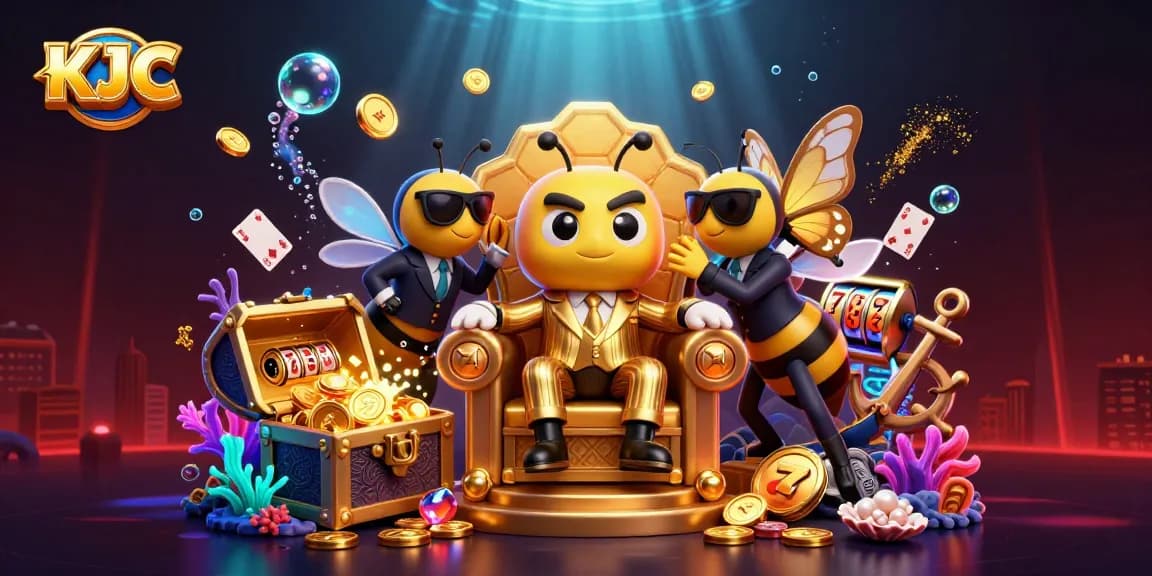 KJC offers an immersive casino experience with vibrant characters and dynamic slots in an engaging illustration.