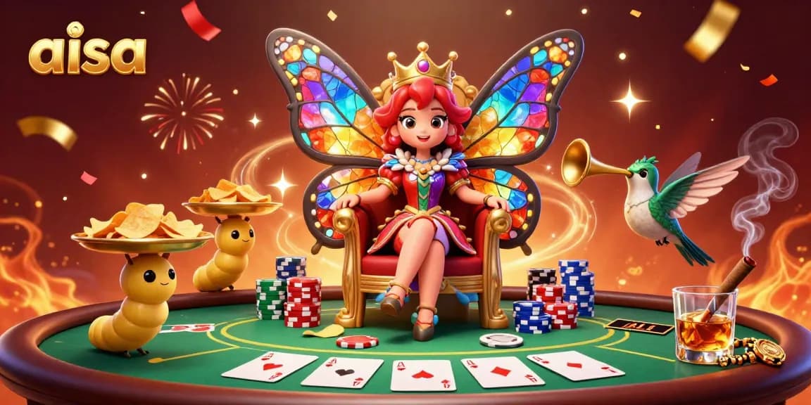 Aisa-themed casino illustration featuring a butterfly queen with poker elements, showcasing a vibrant gaming scene.
