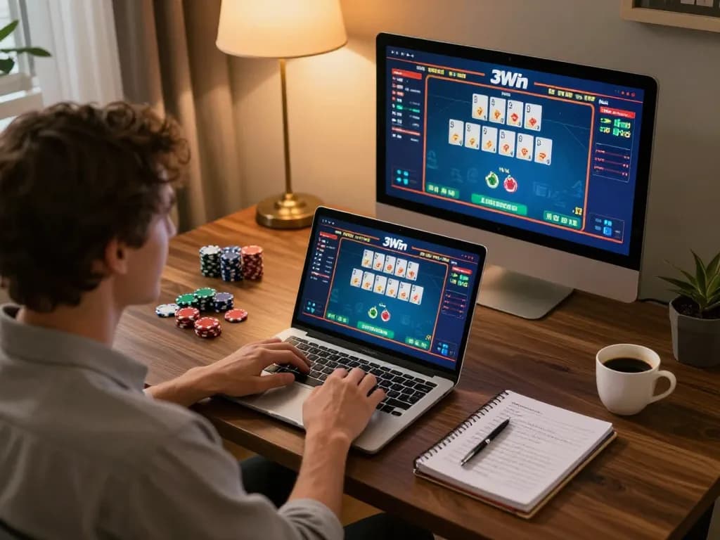 Engaged player strategizing with 3Win while enjoying online casino gameplay