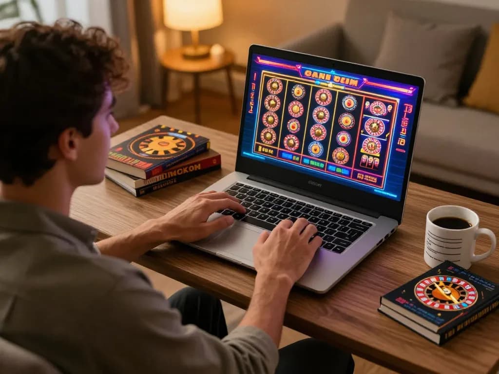 Player engaged in thrilling online gaming at https://tg88uk.com/, showcasing vibrant casino visuals and strategic notebook.