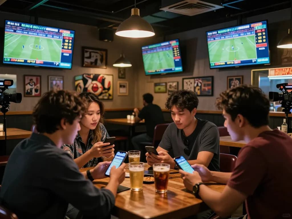 Kèo bóng đá hôm nay review with enthusiasts placing bets in a lively sports bar setting.