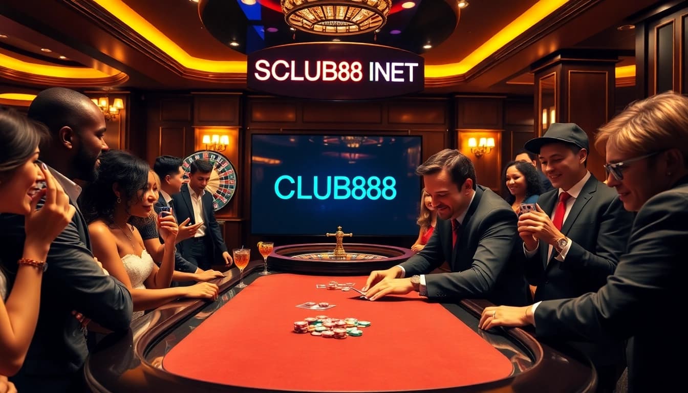 Poker players engaging in an exciting game at SCLUB88 NET casino, showcasing vibrant chips and luxury.