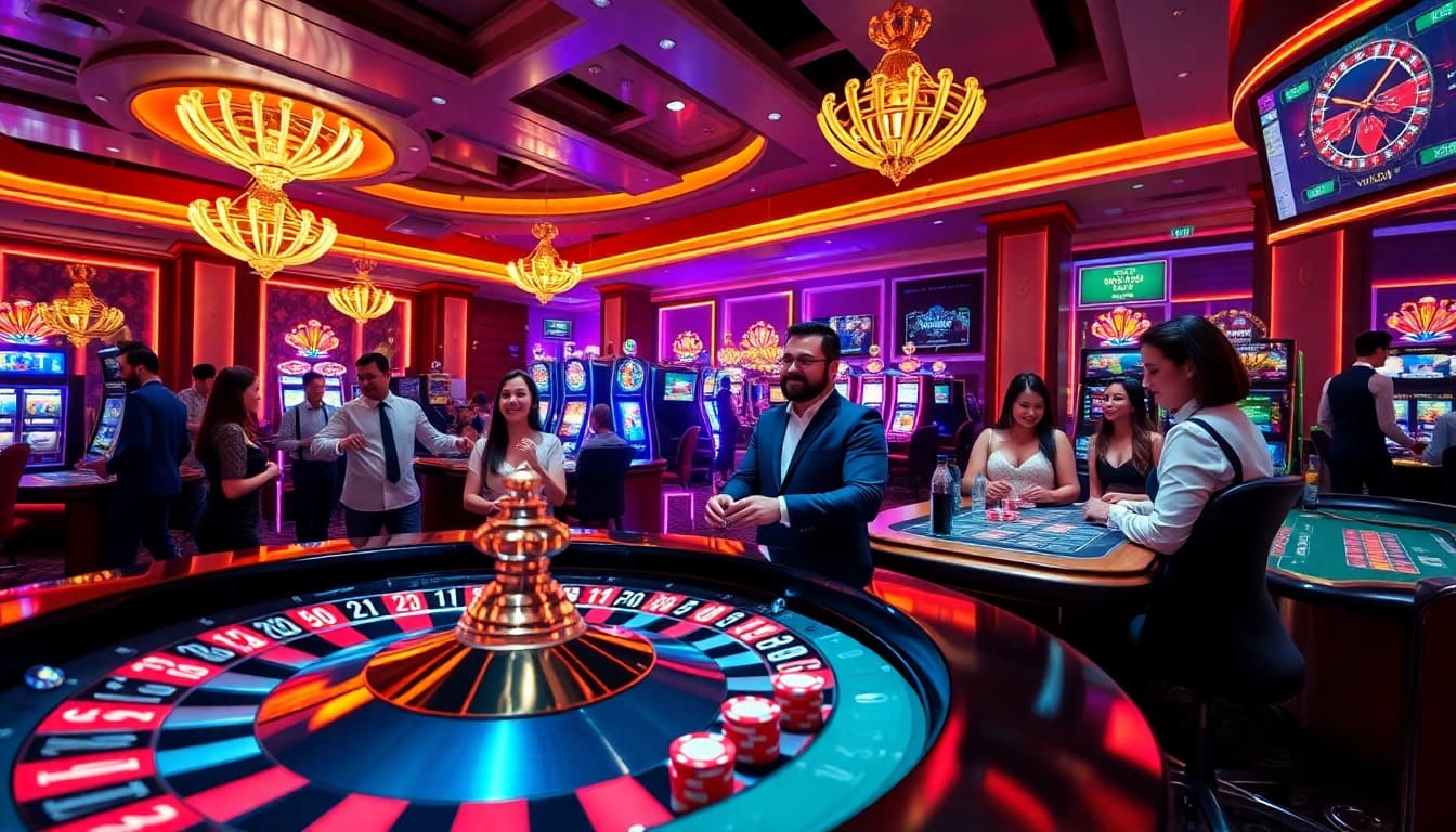 Players enjoy an exciting game at l444 casino, showcasing vibrant atmosphere and thrilling gambling experiences.