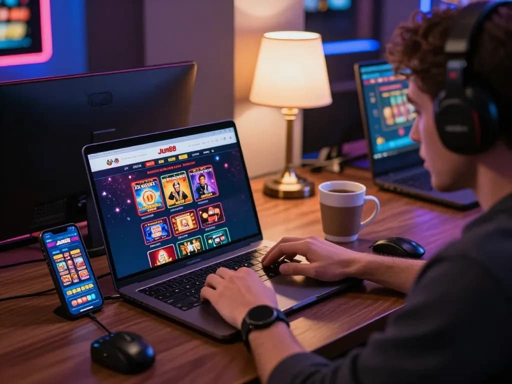 Engaging player using Jun88 online casino on laptop, depicting immersive gaming atmosphere.