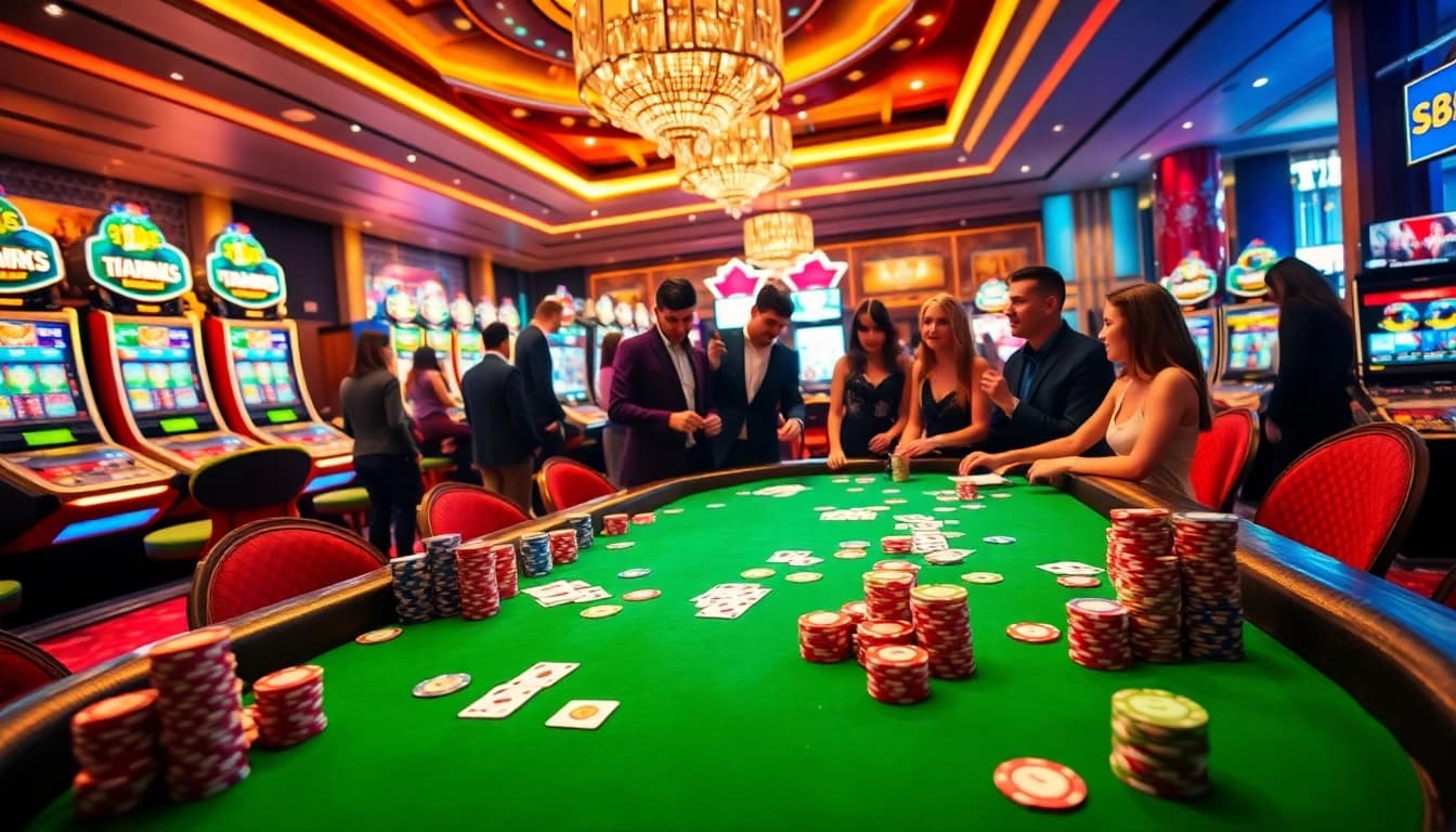 Players enjoying casino games at a vibrant tr88 table with colorful chips.
