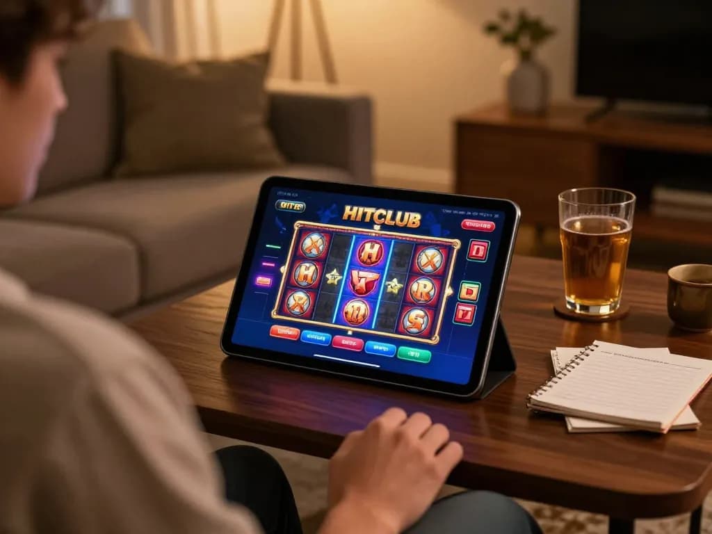 Play slots on Hitclub from a cozy home setup featuring a tablet and relaxed atmosphere.