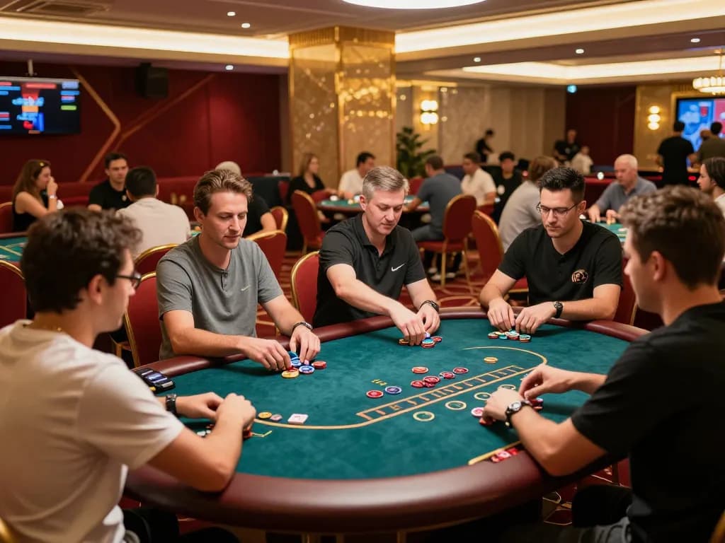 Engagement in KP88 nhà cái on the vibrant casino floor with active poker and blackjack games.