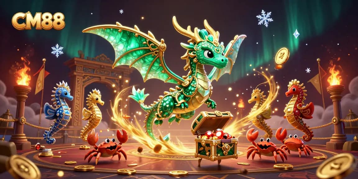 Experience the excitement of CM88 with a vibrant sea dragon and treasure in this dynamic casino illustration.