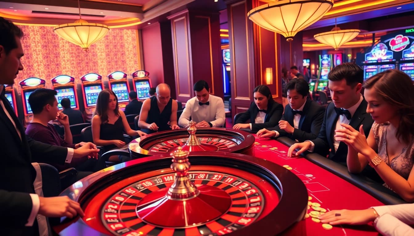 Nohu players engaging at a vibrant casino table with roulette wheel and poker chips, creating excitement.