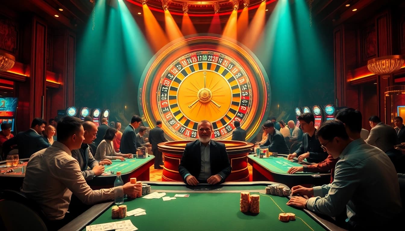 Kết quả xổ số hôm nay showcased with vibrant casino environment and players experiencing high-stakes excitement.