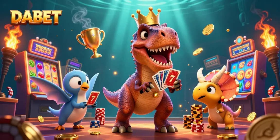 DABET showcases a colorful 3D illustration with cartoon dinosaur characters engaged in exciting slot machine action.