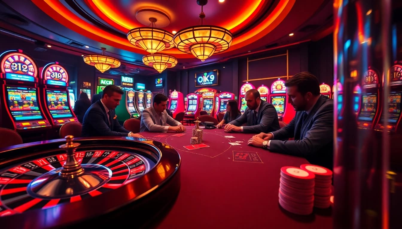 Experience the thrill of gambling at OK9's vibrant casino, featuring an exciting poker showdown.
