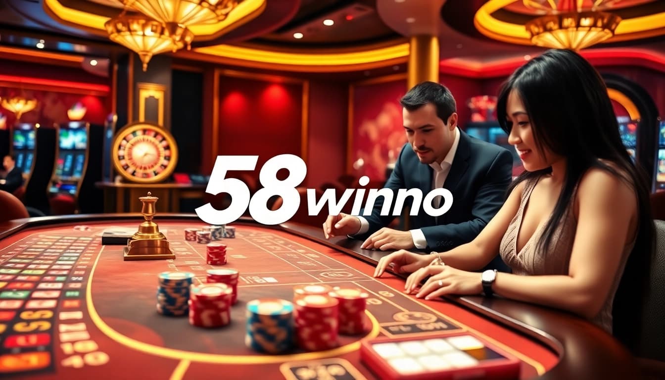 A player engaging with the online interface of 58win pro, surrounded by vibrant casino elements, illustrating a thrilling gambling experience.