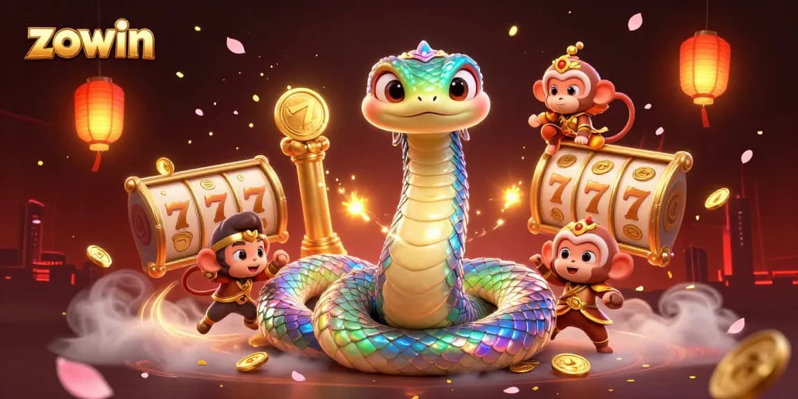 Zowin's vibrant casino atmosphere showcases slot reels and a playful monkey king amidst festive elements.