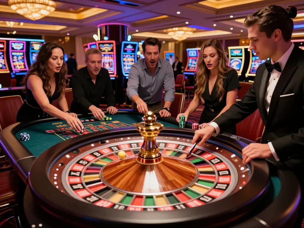 Players placing bets at the roulette table in an upscale casino atmosphere while enjoying 99ok gaming.