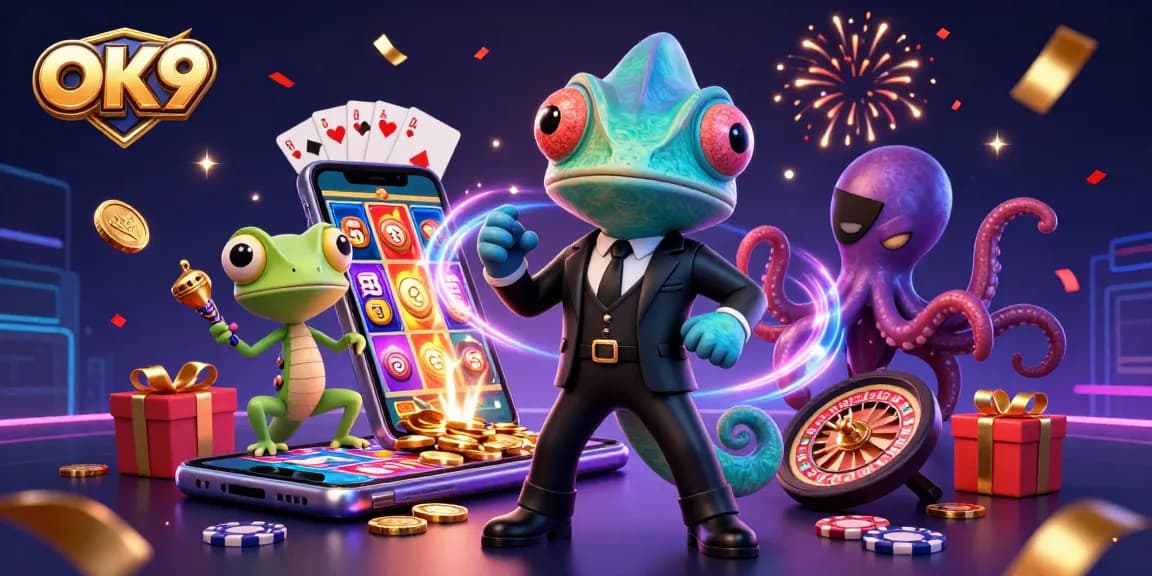 Experience thrilling gaming at OK9 with colorful slot screens and festive characters.