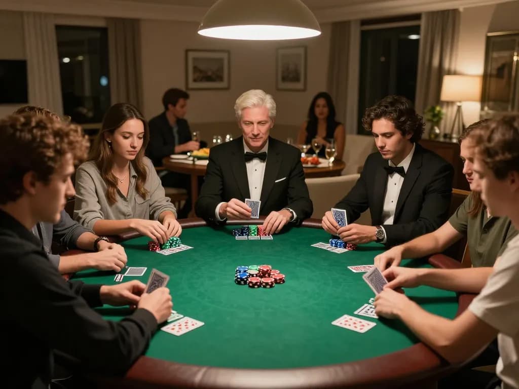 Players strategizing at a private poker game, showcasing engaged expressions and colorful chips, https://9bet.works/ highlights home gambling dynamics.