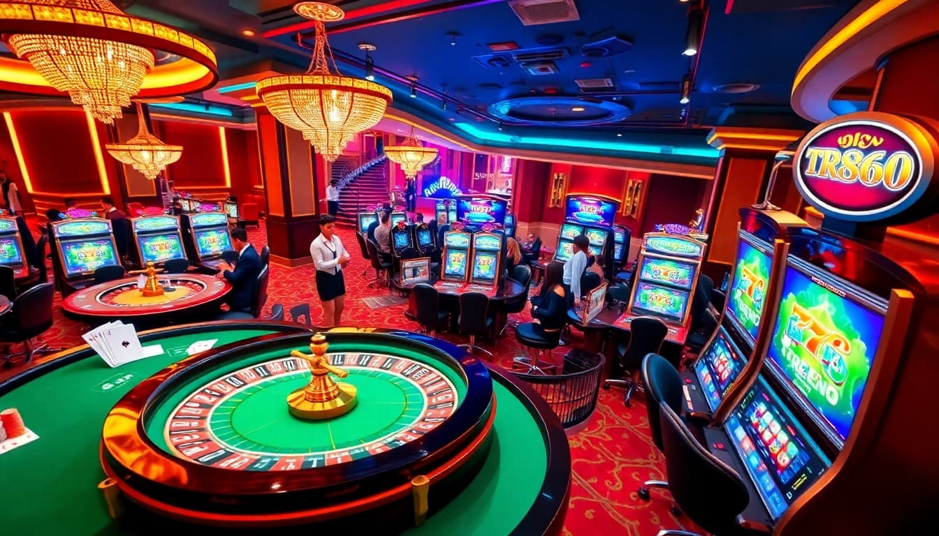 Experience TR888 excitement as players gather around casino tables, enjoying thrilling games.