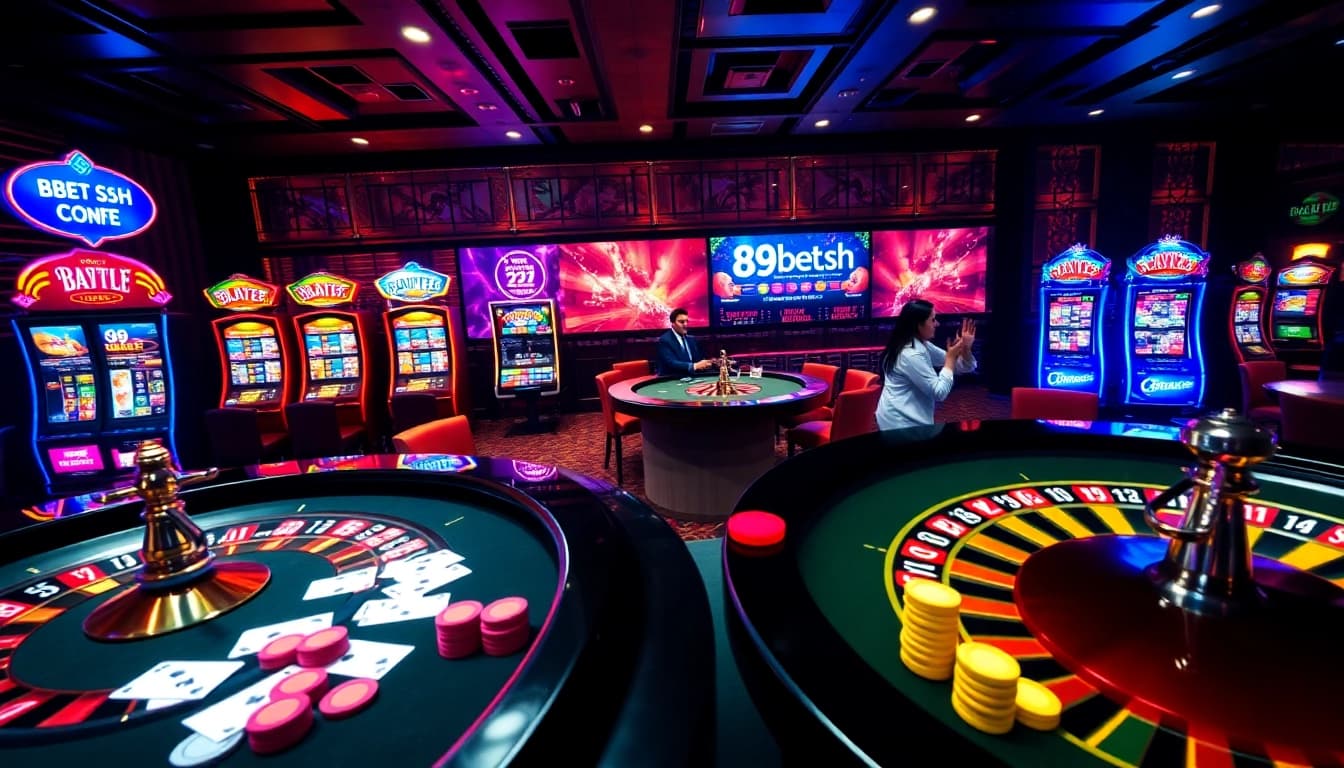 A vibrant casino scene highlighting the 89bet.sh platform with players at poker tables and flashing slot machines.