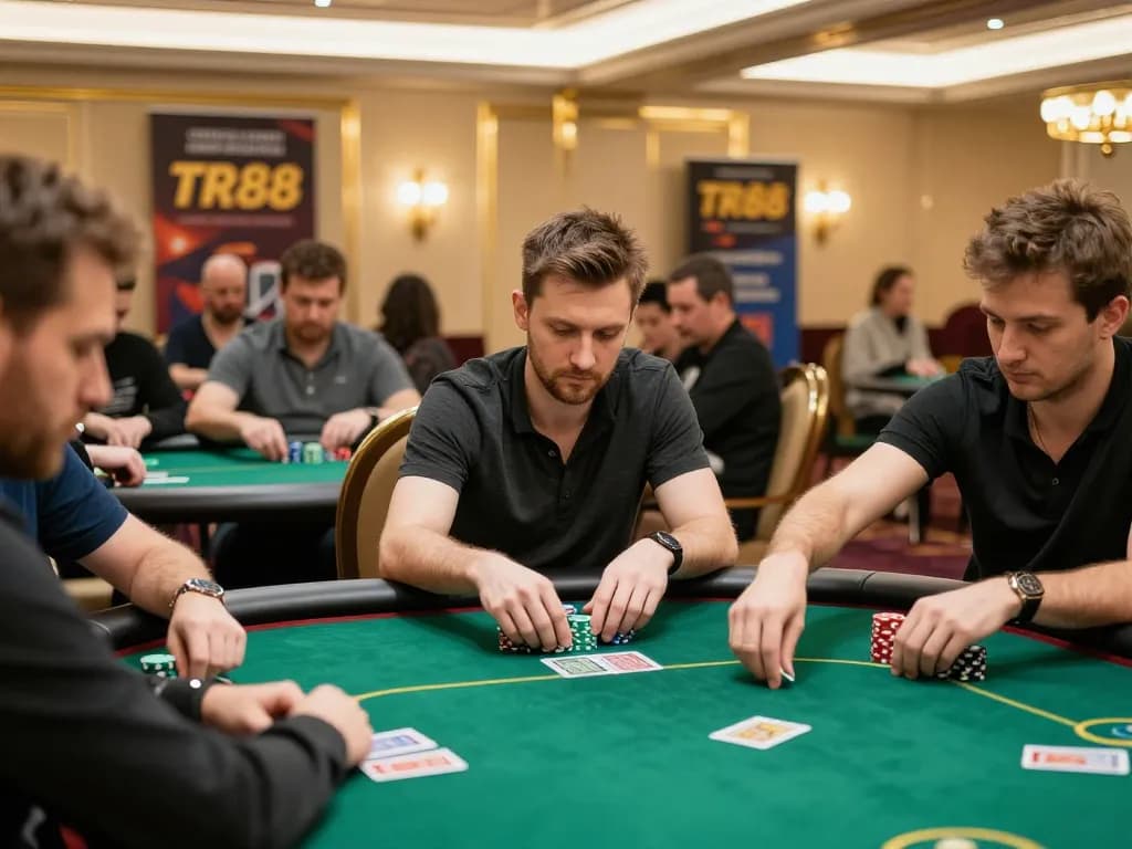 Players engaged in an intense poker match at a TR88 casino, capturing competitive excitement and strategy.