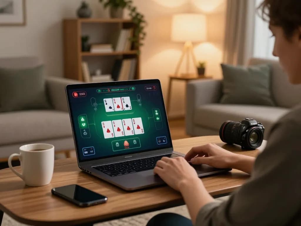 Engaging in an onbet live blackjack game on a laptop at home, focusing on strategic decisions.