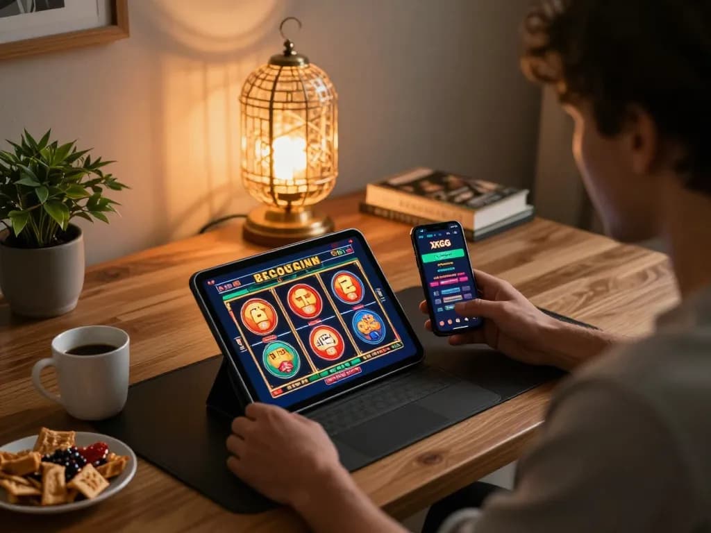 Engage with the XXGG casino app while enjoying an online slot game at home, showcasing modern gaming.