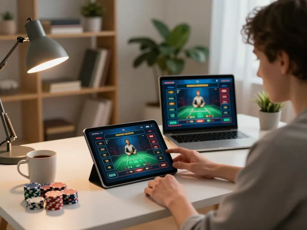 Person enjoying a live dealer game on tablet at home, showcasing sunwin gaming strategies.