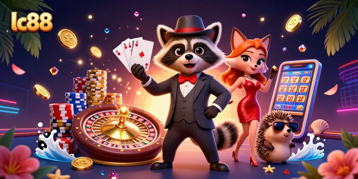 Experience the excitement of lc88 with a raccoon in a suit, a fox in sequins, and casino elements in vibrant 3D!