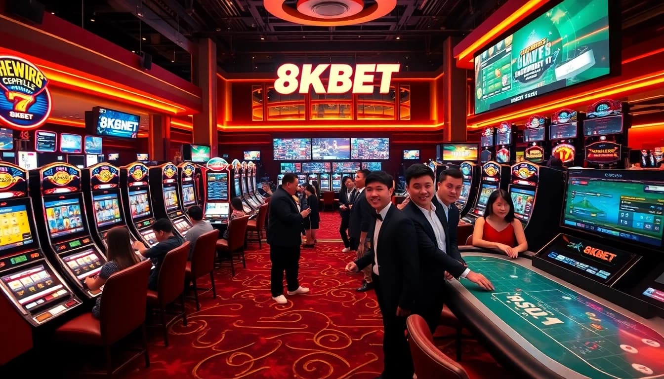 Experience 8KBET's dynamic online gambling environment with vibrant casino elements and enthusiastic players.