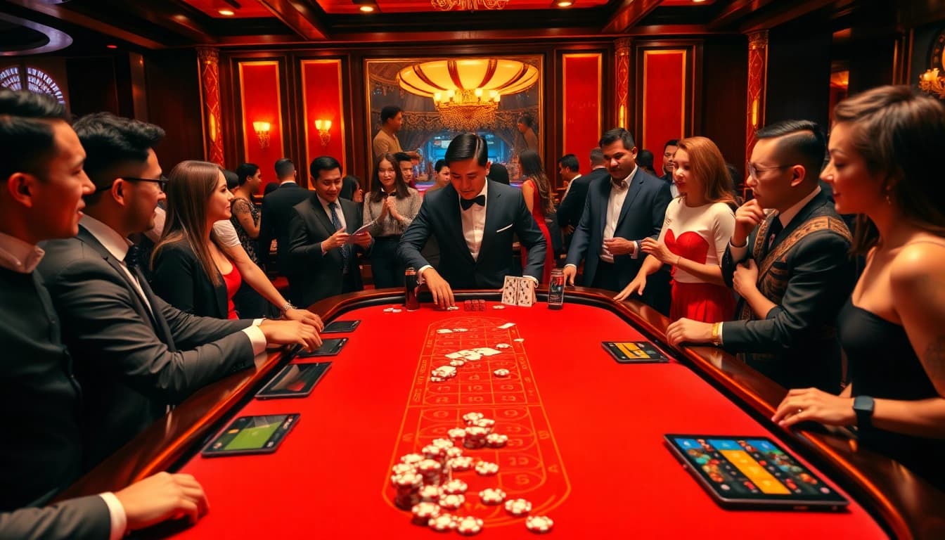 xóc đĩa online có bịp không illustrated with a luxury xóc đĩa table and engaging players in a vibrant casino setting.