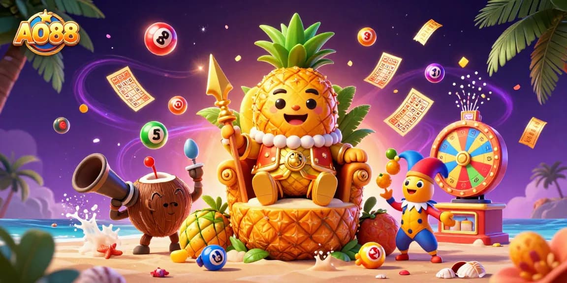 Engage in the vibrant AO88 casino scene featuring a golden pineapple king surrounded by dynamic lottery elements.