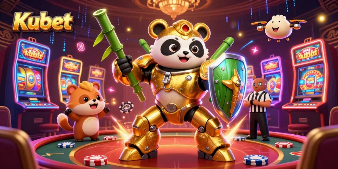 Kubet showcases an exciting gambling scene with a golden panda in a mech suit piloting a robot in a lively casino.