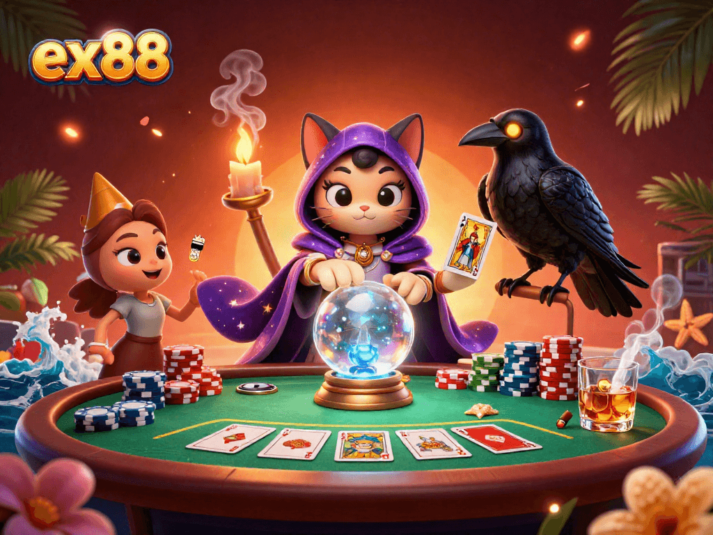 Spin the reels with ex88 at a dynamic poker scene featuring mystical elements and vibrant casino decor.