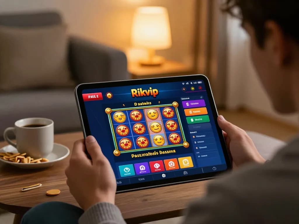 Player engaging with rikvip app on tablet, showcasing exciting online casino gameplay in a cozy home setting